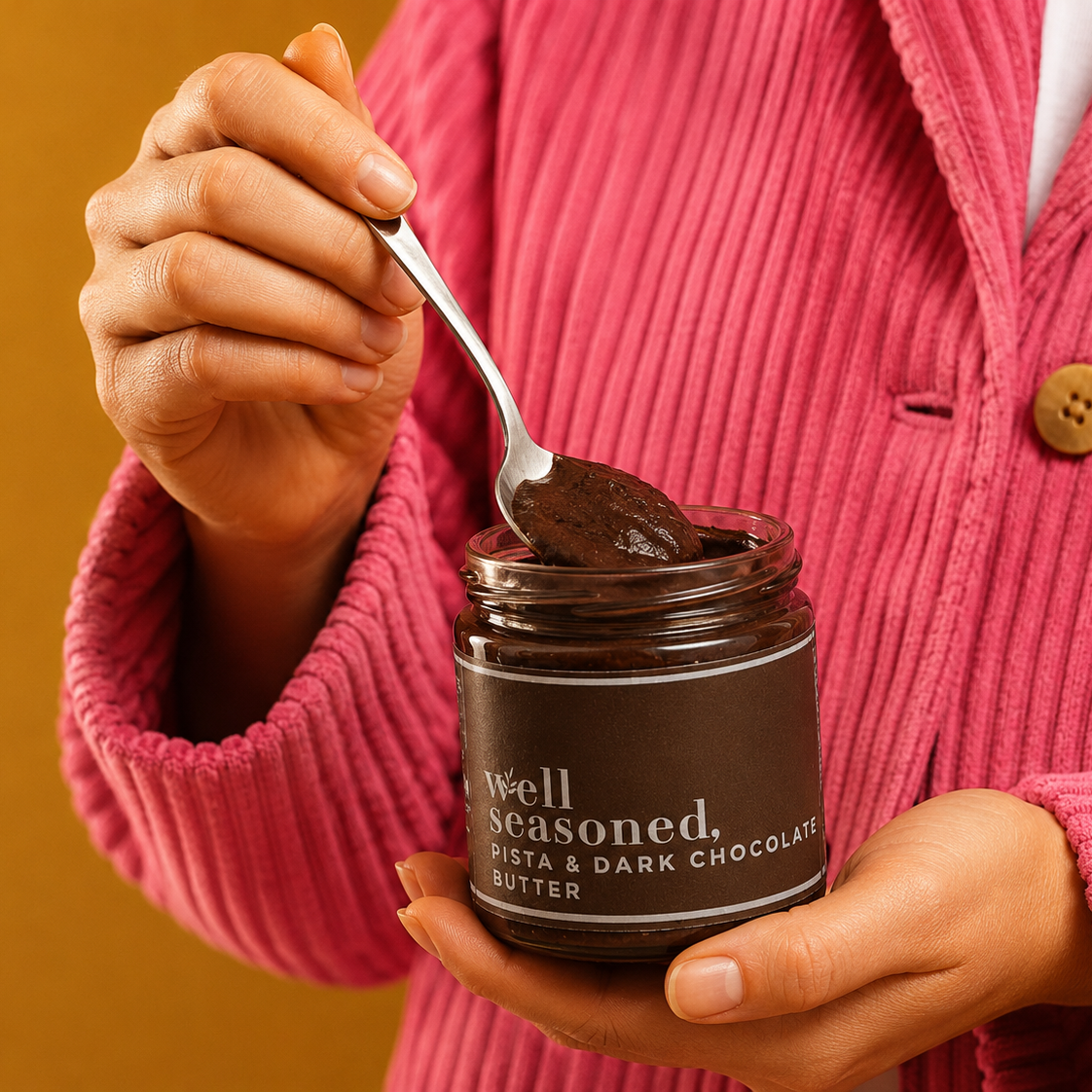 Person holding a jar of 'well seasoned' pistachio & dark chocolate butter with a spoon.